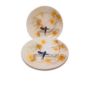 3 Pc Antique Nippon Hand Painted Porcelain Saucers Blue Sparrow Willow Japan VNT